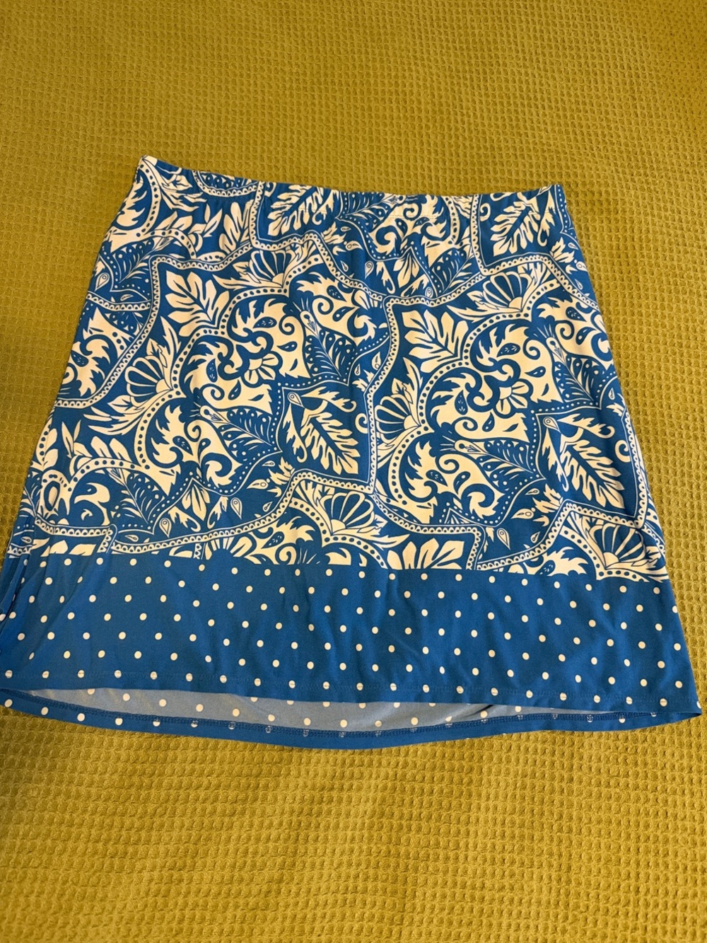 Susan Graver Blue and White Printed Skort with Polka Dot Hem